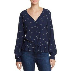 Rails Navy Blue Butterfly Beaux Ruffle Blouse XS
